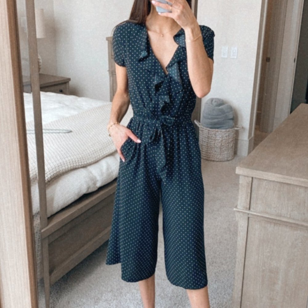 London Times Black Jumpsuit with White Polka Dots
